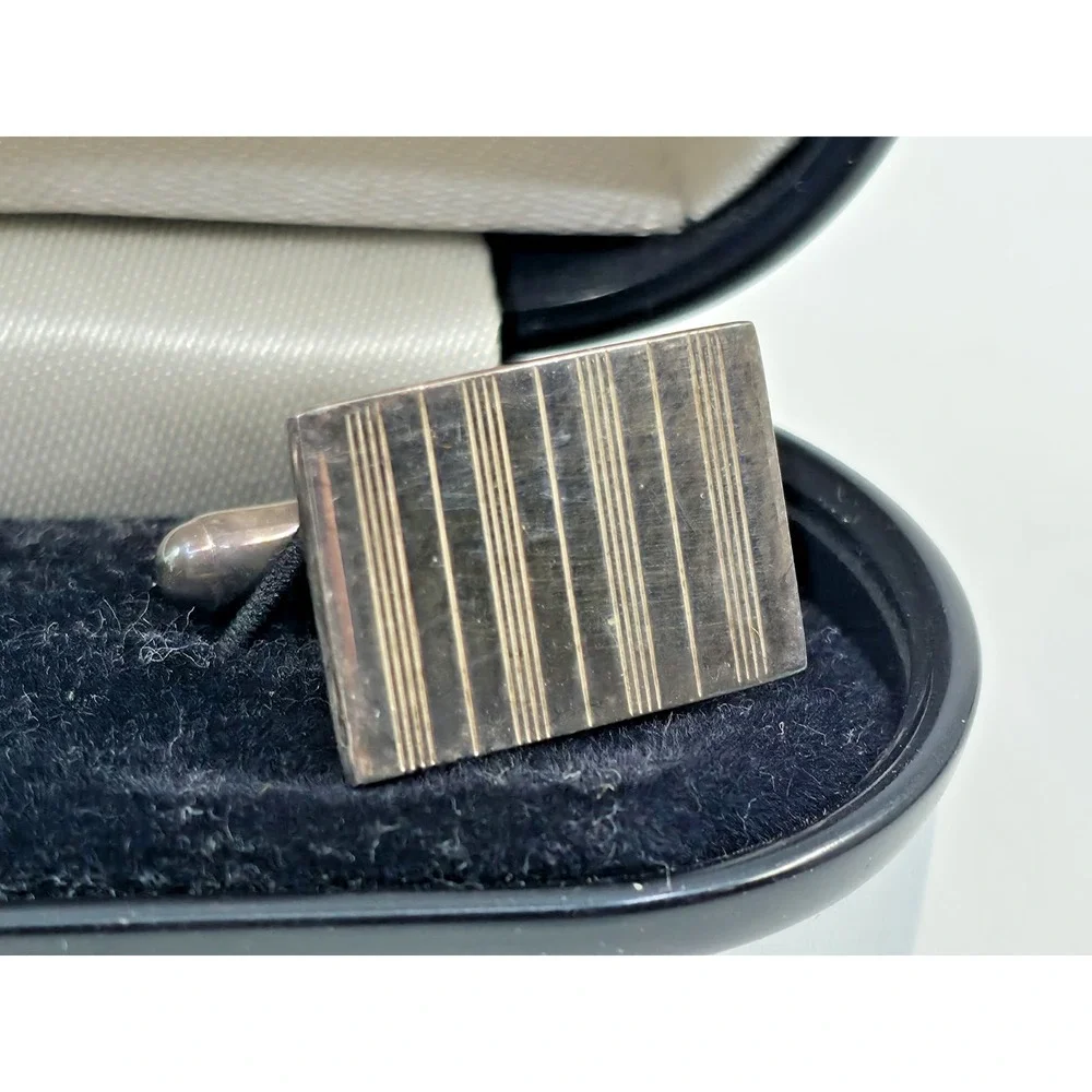 Vintage Stafford Sterling Rectangular Etched Bullet Back Cufflinks w/Metal Box‎